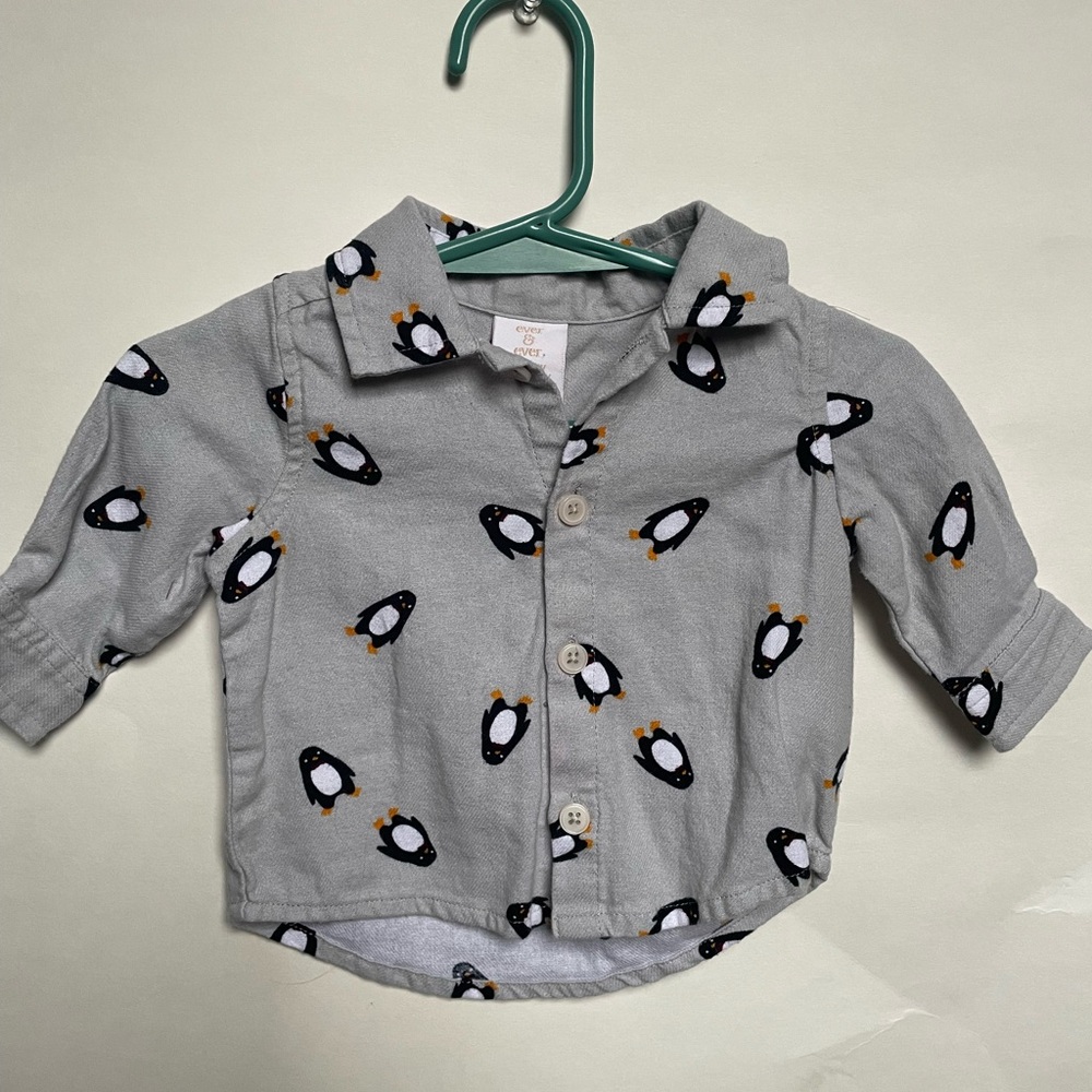 Ever and ever penguin button up shirt and pants set.